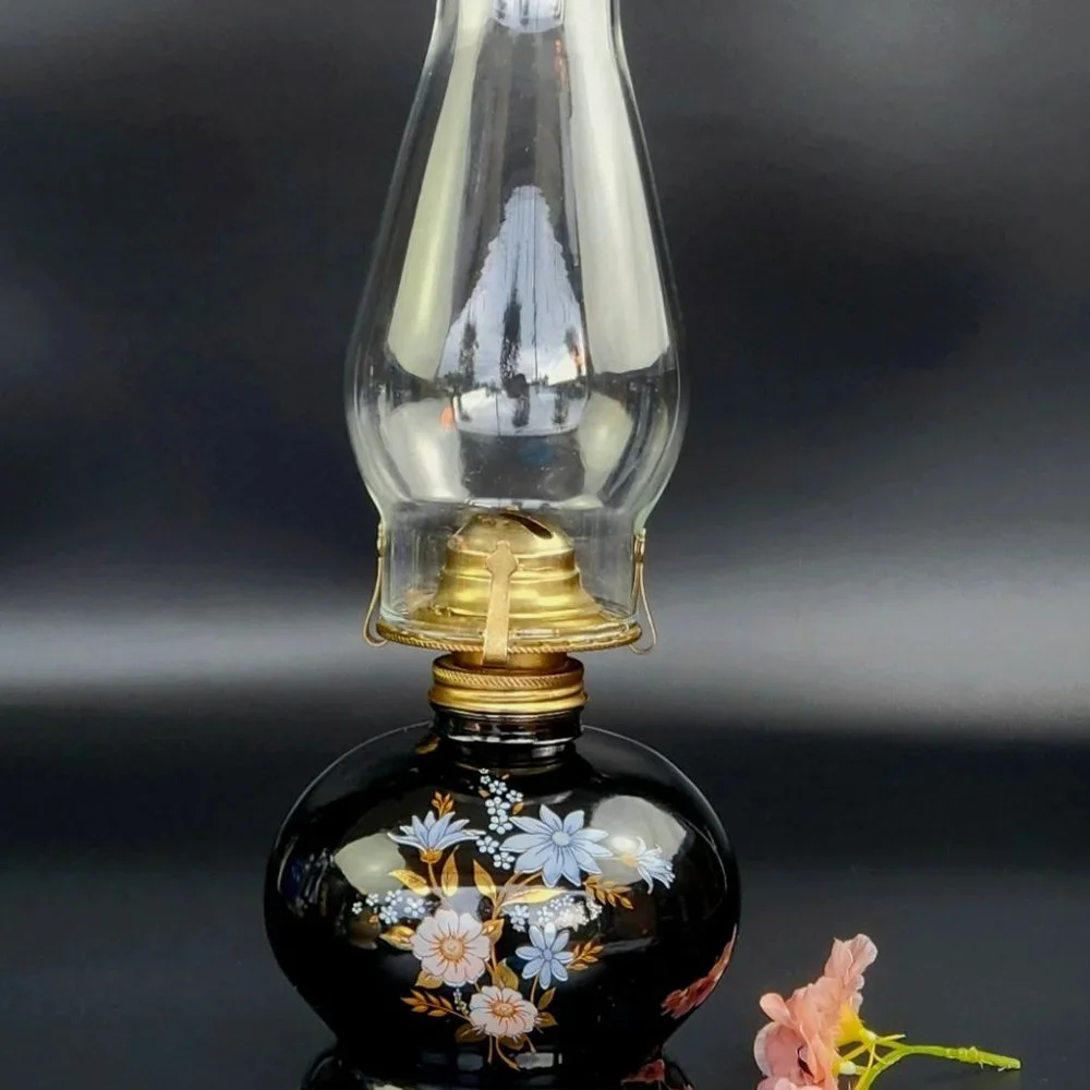 Vintage Oil Lamp - Black Base - Floral Design - 14 1/4